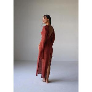 Women Rust <b>Red</b> Cotton Dress Deep V Neck Long Sleeve Boho Wrap Dress Beach Resort Vacation Wear - Product Image 5