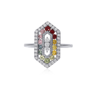 Bague plaquée or blanc de qualité supérieure, design géométrique avec saphirs multicolores et diamants, alliance de fiançailles unique - Product Image 3