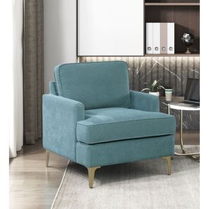 Poltrona Moderna Comfort in Ciniglia Color Pavone con Gambe in Metallo Dorato e Base in Compensato Resistente per Soggiorno - Product Image 1