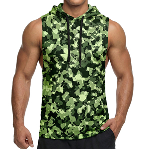 OEM Bulk Custom Men's Vintage Camouflage Printed Muscle Tank <b>Top</b> Gym Hoodie Workout Activewear Front Kangaroo Pouch Tank <b>Tops</b> - Product Image 2