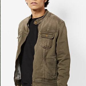 <b>Men's</b> Olive <b>Canvas</b> Shirt <b>Jacket</b> Stand Collar Zipper Closure Workwear Style Regular Fit Autumn Wear - Product Image 1