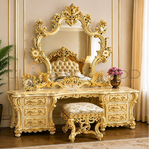 Elegant vintage dark wood carved vanity <b>table</b> set with matching ornate wall mirror, available at wholesale prices. - Product Image 4