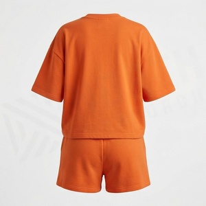 Ensemble de shorts tricotés 2 pièces orange pour femmes, col rond, manches courtes, coupe ample, couleur unie, décontracté, printemps-été - Product Image 2