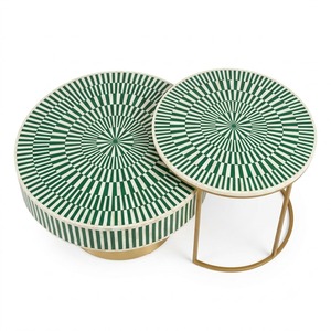 Table basse moderne ronde en os incrusté avec base cylindrique en laiton, motif mosaïque fait main de luxe, table centrale pour salon à prix abordable - Product Image 4