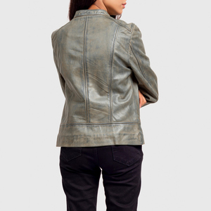 Women's Olive Genuine <b>Leather</b> Moto <b>Jacket</b> Full Sleeve Stand Collar Zipper Closure Autumn Style - Product Image 2