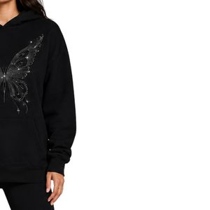 Sudadera con Capucha Extra Grande Personalizada con Pedrería Negra en Forma de Mariposa para Mujer, Sudadera con Capucha de Felpa de Algodón Premium, Informal para Invierno - Product Image 3