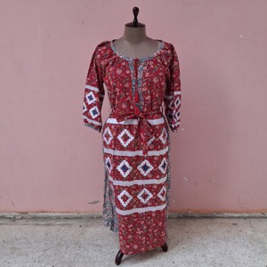 Robe longue élégante pour femme, tendance et très vendue, à manches longues, col en U, imprimé floral, broderie en coton, style décontracté vintage - Product Image 3