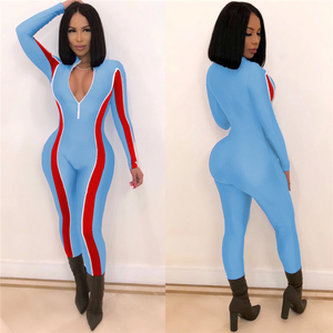 Combinaison longue femme color block à manches longues, taille haute, coupe ajustée, col en V, fermeture éclair sur le devant, style club, en Spandex et Polyester, longueur intégrale - Product Image 6