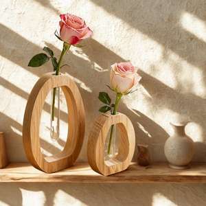 Jarrón Elíptico de Madera Maciza Tallado a Mano, Personalizado y Moderno, con Tubo de Vidrio para una Sola Flor, Uso en Interiores, Diseño Minimalista - Product Image 2