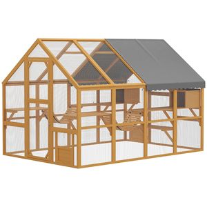Grand enclos pour chat en bois avec couverture imperméable, 2 condos et 6 plateformes, ponts et portes pour chats géants, jaune - Product Image 1