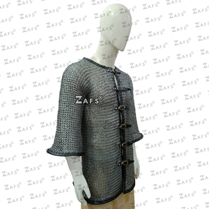 Medieval Mild Steel Half Sleeve Chainmail Shirt <b>Flat</b> Riveted with Washer Ring with Leather Trim Haubergeon Armor for Adult Wear - Product Image 3