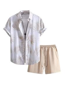 Conjunto de dos piezas de verano con estampado de hojas sutiles para hombre, camisa de manga corta con botones y pantalones cortos con cintura elástica, conjunto ligero para la playa - Product Image 6