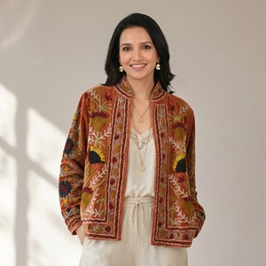 Veste en velours, broderie florale artisanale, manteau d'hiver, style bohème ethnique, vêtement d'extérieur de luxe, prix d'usine, veste Suzani - Product Image 1