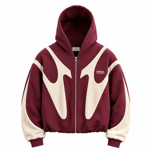 Custom 350 GSM Maroon Cream Applique Color Block Full <b>Zip</b> Cotton Polyester Fleece Streetwear Hoodie - Product Image 1