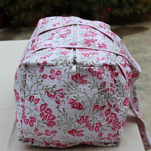 Quilted Flower Cotton <b>Duffel</b> <b>Bag</b> with Zipper Closure Portable Travel Tote Casual Style - Product Image 3