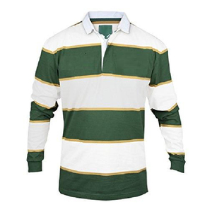 Camiseta de Rugby a Rayas Verdes y Blancas Personalizada OEM para Hombre, 330G, Algodón, Bordada, Manga Larga - Product Image 1