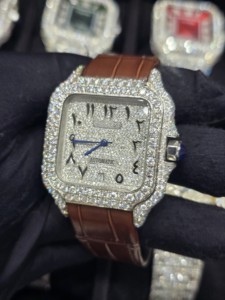 Montre de luxe mécanique pour homme en acier inoxydable, carrée, entièrement sertie de diamants Moissanite, avec bracelet en cuir, analogique, bracelet de 16 mm - Product Image 3