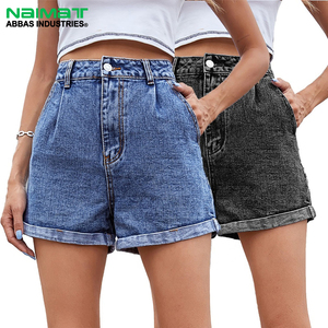Women Pleated High Waisted Denim Shorts Summer Casual Folded Hem Jean Shorts Loose Wide Leg Washed Cotton Pants - Product Image 1