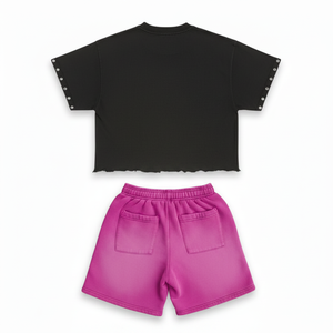 Ensemble T-shirt et short streetwear noir et rose, col rond, manches courtes, imprimé, unisexe, tenue décontractée d'été - Product Image 3