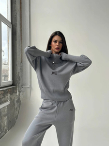OEM Women Ash Knitted Two Piece Set Casual Zip Neck Sweater and Elastic Waist Pants Factory Supplier - Product Image 5