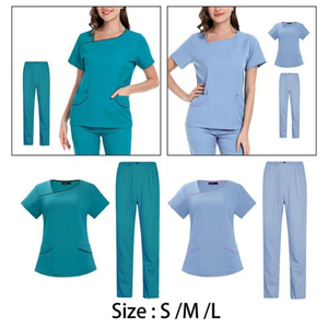 Women's Fashion Medical Scrubs Set Asymmetric Neck Contrast Piping <b>Top</b> Elastic Pants Nurse Uniform Hospital Wholesale OEM - Product Image 4