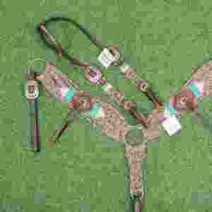 Conjunto de cabezada y pechera de mohair beige turquesa rojizo, 32 pulgadas de longitud frontal, colores personalizables, hecho a mano con cuero argentino. - Product Image 3