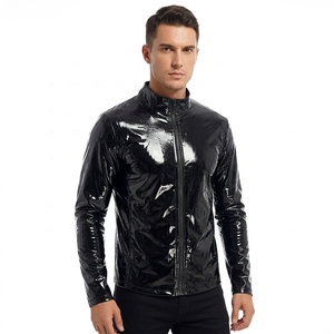 Chaqueta Casual de Cuero Negro Brillante para Hombre, Marca Mego Industry, con Cuello Camisero, Cierre de Cremallera, Corte Ajustado, Impermeable y con Capucha - Product Image 1