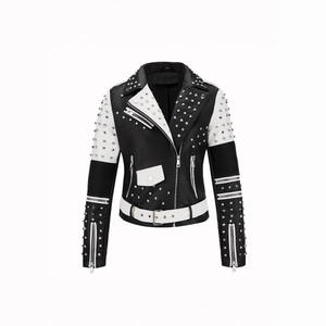 Veste de moto en cuir PU noir et blanc pour femme FIT2U WEARS, avec rivets, fermeture éclair métallique, plusieurs poches, style rock slim, respirante - Product Image 1