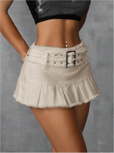 กระโปรงยีนส์ขนาดเล็กมีจีบสำหรับผู้หญิงกระโปรงผ้ายีนส์แบบมีเข็มขัดแต่ง Y2K - Product Image 2