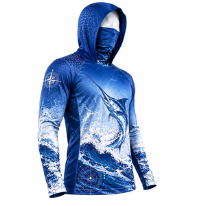 เสื้อตกปลาแขนยาวมีฮู้ดสีน้ำเงินสำหรับผู้ชาย พิมพ์ลายคลื่นมาร์ลินด้วยเทคนิค Heat-Transfer ป้องกันรังสียูวี UPF 50 แห้งเร็ว ปรับแต่งได้ เหมาะสำหรับกิจกรรมกลางแจ้ง - Product Image 1