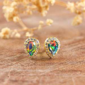 Natural Black Fire Ethiopian Opal Stud Earrings For Women Vintage Minimalist 925 Sterling Silver 14K <b>Gold</b> Plated - Product Image 1