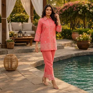 Women's Coral Embroidered Cotton Set <b>Three</b> <b>Quarter</b> Sleeve Full Length <b>Pants</b> Casual Spring Summer Wear - Product Image 5