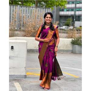 DISEÑADOR LICHI SEDA JACQUARD TRABAJO SAREE CON BLUSA SIN COSTAR VINO - Product Image 1