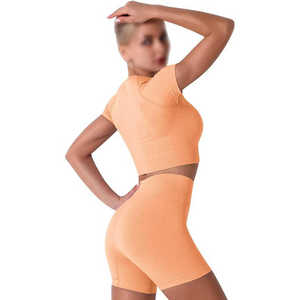 Ensemble 2 pièces pour femmes, haut court sans couture orange uni, short taille haute, ensemble de yoga - Product Image 1