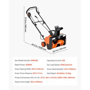 Spazzaneve Elettrico 20V, Distanza di Lancio 25FT, 20 Pollici, 15A, con Cavo, Doppio Faro LED, Canale di Scarico Rotante a 180°, OEM - Product Image 6
