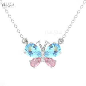 Proveedor Mayorista de Collares con Colgante de Mariposa con Aguamarina en Forma de Pera de 7x5mm y Morganita Rosa, Collar con Diamantes en Oro Fino de 14k - Product Image 3