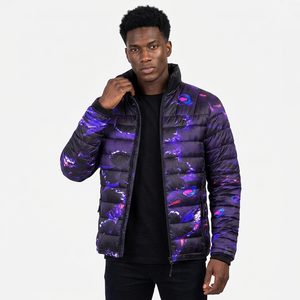 Blouson matelassé pour homme, imprimé abstrait violet, fermeture éclair, coupe-vent, décontracté, vêtement d'extérieur d'hiver, 100 % polyester, col montant, coupe ajustée - Product Image 4