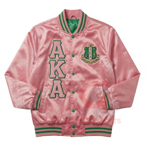 Chaqueta Bomber de Lona Satinada de Invierno con Letras Griegas AKA, Cuello Alto, Bordada, para Mujer, Corta, Rosa, Verde, Chaqueta de Punto con Bordado - Product Image 1