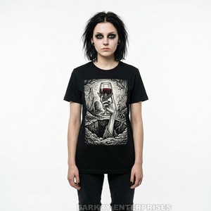 Camiseta Personalizada para Mujer, Diseño de Copa de Vino con Grabado en Madera, 100% Algodón, Estampado de Mano de Zombi, Color Negro, Fabricante OEM - Product Image 1