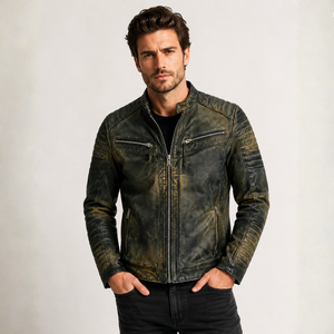 Blouson en cuir noir patiné pour homme, style Café Racer, avec épaules matelassées, bicolore, véritable cuir patiné, sur mesure, vente en gros - Product Image 1