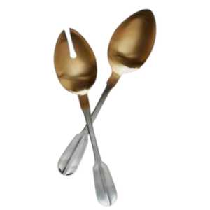 Ensemble de 2 Cuillères à Salade Dorées |   Ensemble de cuillères et fourchettes de service en acier inoxydable bicolore avec manche argenté - Product Image 1