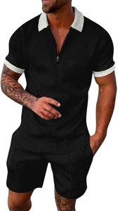 Ensemble de Combinaison à Manches Courtes pour Homme, Col Polo, Imprimé Géométrique Noir, Tissu Tricoté Respirant, Vêtement d'été Casual - Product Image 2