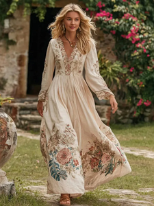 Bohemian Embroidered Maxi <b>Dress</b> for women Floral <b>Patterns</b> and Elegant Long Sleeves V-neckline Long-Length Ethnic Gown - Product Image 2