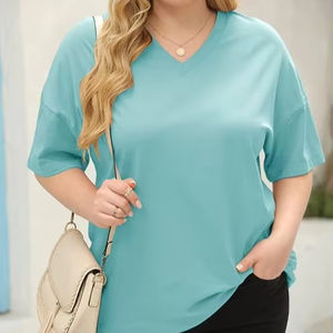 Camisetas de Verano para Mujer, Tallas Grandes, Cuello en V, Color Sólido, Ecológicas, de Media Manga, Estilo Casual, Holgadas, Tipo Túnica, 100% Algodón, 240 - Product Image 1