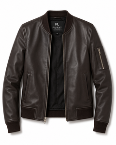 Flashback Brown <b>Leather</b> Motorcycle <b>Bomber</b> <b>Jacket</b> Breathable Windproof Knitted Zipper Closure Stand Collar Solid Color Winter - Product Image 1