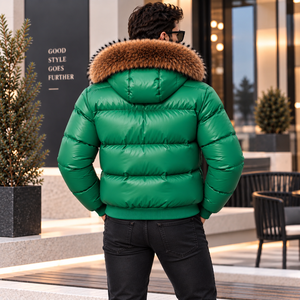 Men's Luxury Puffer Leather Jacket With Detachable <b>Fox</b> <b>Fur</b> Hood | Piumino Lucido Uomo | Chaqueta Brillante | Doudoune Brillante - Product Image 2