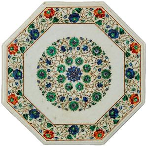 Plateau de table basse de salon traditionnel en marbre blanc écologique avec incrustation semi-précieuse - Product Image 4