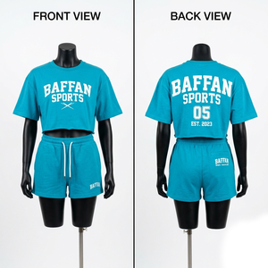 ชุดเสื้อครอปและกางเกงขาสั้นผ้าคอตตอนเจอร์ซีย์พรีเมียม 180 GSM เนื้อผ้านุ่ม ระบายอากาศได้ดี สีเขียวอมฟ้า พร้อมสกรีนโลโก้ตามสั่ง - Product Image 4