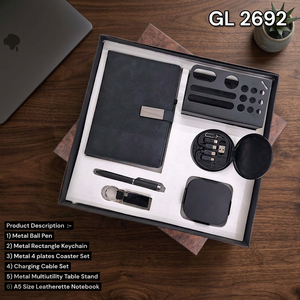 Set de Regalo Corporativo Ejecutivo de 6 Piezas con Cuaderno de Piel Sintética A5, Bolígrafo, Llavero, Posavasos, Cable de Carga y Soporte de Escritorio - Product Image 6