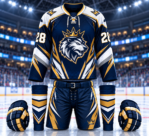Ensemble de maillots de hockey sur glace personnalisés de couleur marine, design sublimé couronne de loup, uniforme respirant en polyester - Product Image 1